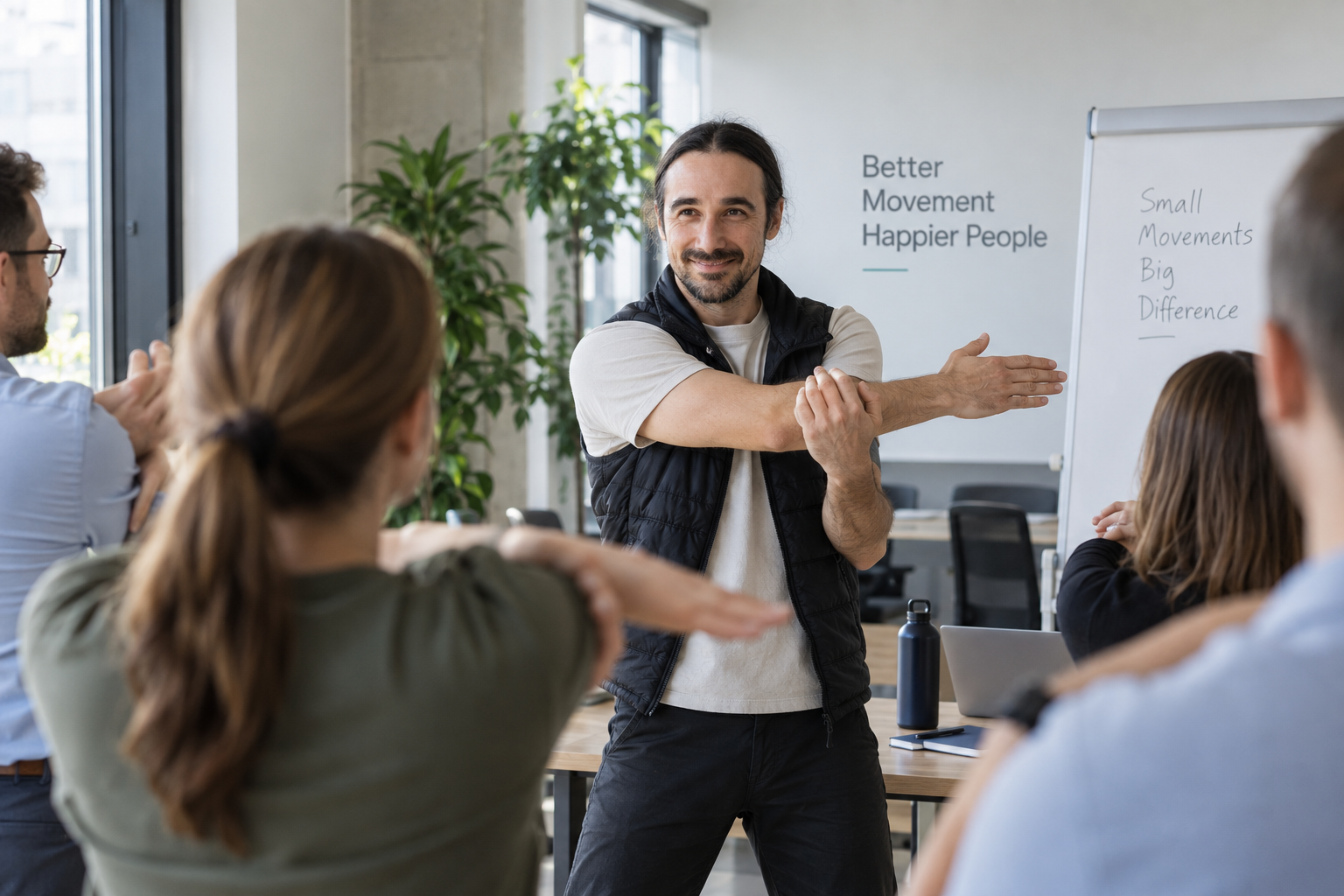 A movement specialist explaining a practical movement to office employees